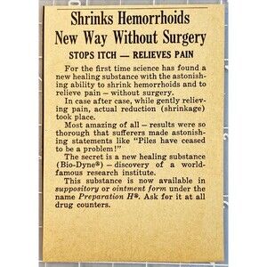 Preparation H "Shrinks Hemorrhoids-New Way Without Surgery"Vintage Print Ad 1965